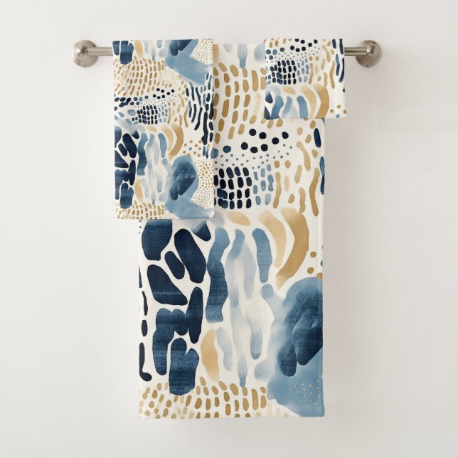 Blue Tan Abstract Beach Bath Towel Set (Insitu)