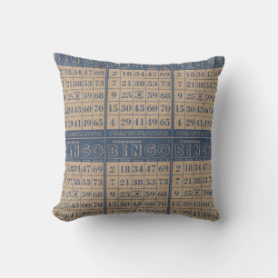 Blue/Tan Antique Vintage Bingo Cards Throw Pillow