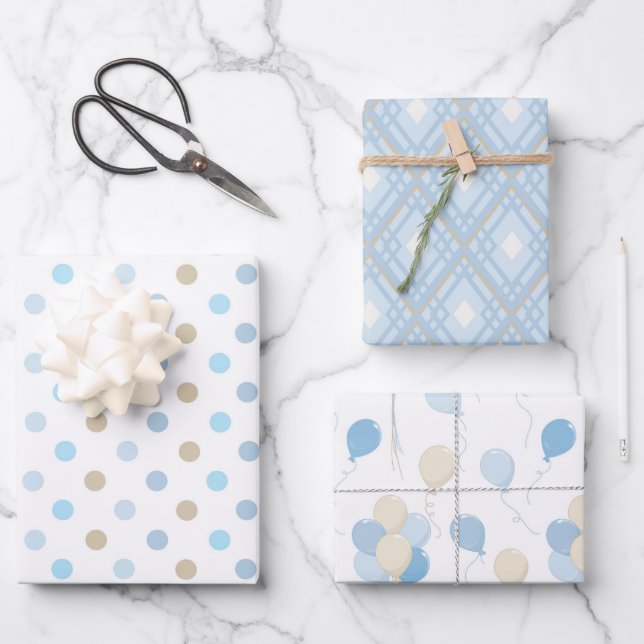 BLUE & TAN BABY BOY PATTERNS WRAPPING PAPER SHEETS (Front)