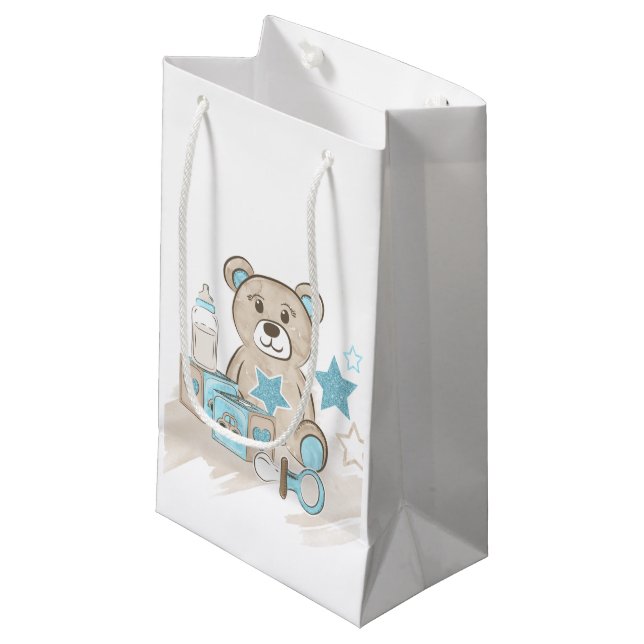 BLUE & TAN BABY BOY TEDDY BEAR BLOCKS BOTTLE SMALL GIFT BAG (Front Angled)
