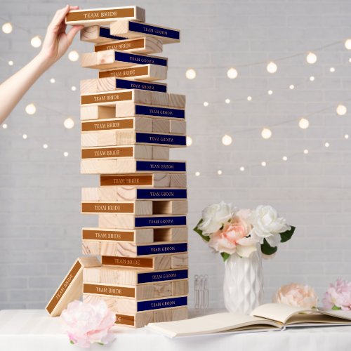 Blue Tan Brown Team Bride Groom Wedding Game Topple Tower