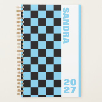 Blue Tan Checkered Custom Name Year 2027 Spiral Planner