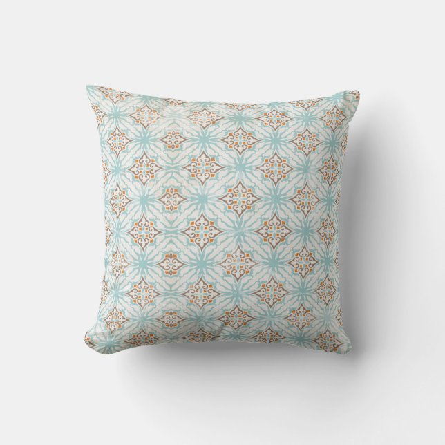 Blue Tan Cream Orange Patterned Throw Pillows (Front)
