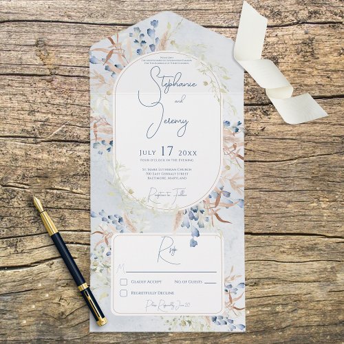 Blue  Tan Dried Boho Flowers Blue No Dinner All In One Invitation