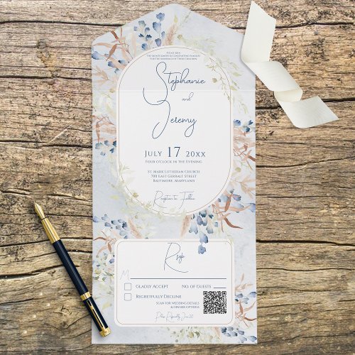 Blue  Tan Dried Boho Flowers Blue QR Code All In One Invitation