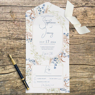 Blue & Tan Dried Boho Flowers White No Dinner All In One Invitation
