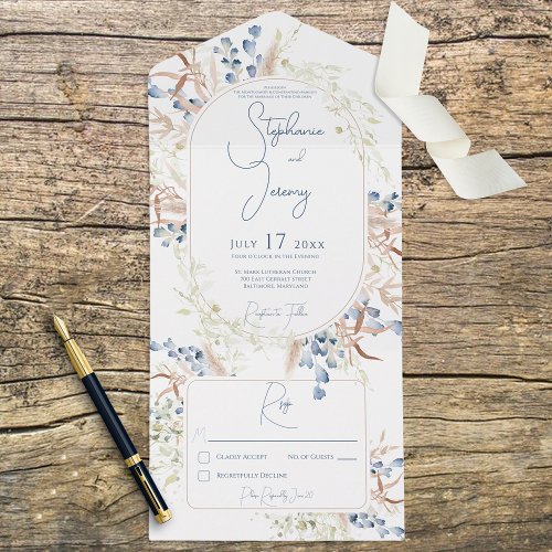 Blue  Tan Dried Boho Flowers White No Dinner All In One Invitation