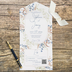 Blue & Tan Dried Boho Flowers White QR Code All In One Invitation