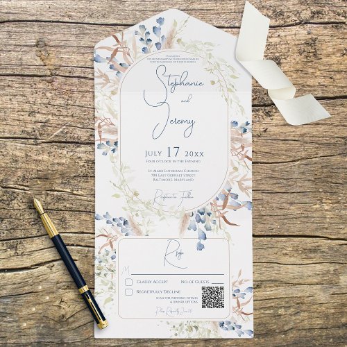 Blue  Tan Dried Boho Flowers White QR Code All In One Invitation