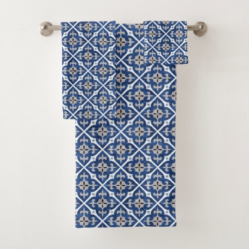Blue  Tan Floral Moroccan Tile Pattern Bath Towel Set