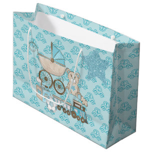 BLUE & TAN GLITTER LOOK BABY BOY TEDDY BEARS TRAIN LARGE GIFT BAG