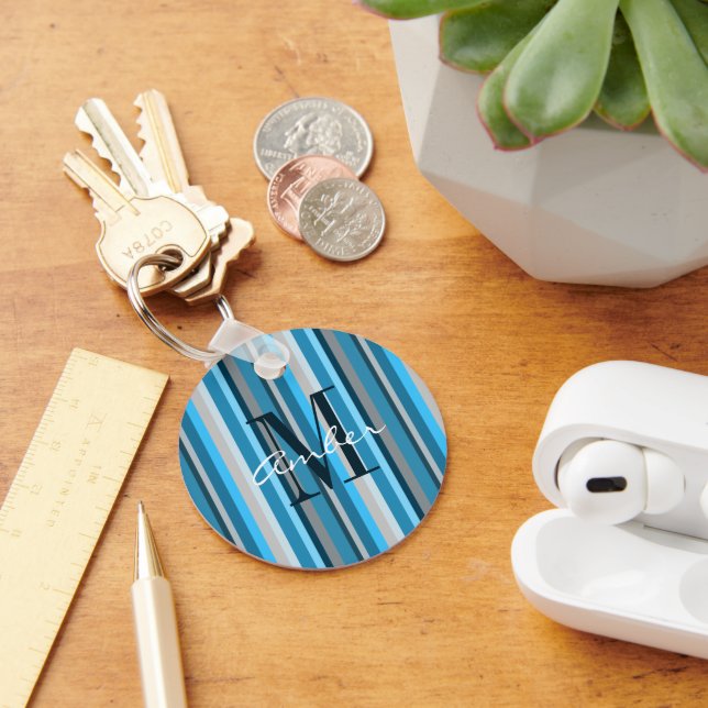Blue Tan Gray Vertical Personalized Keychain (Desk)