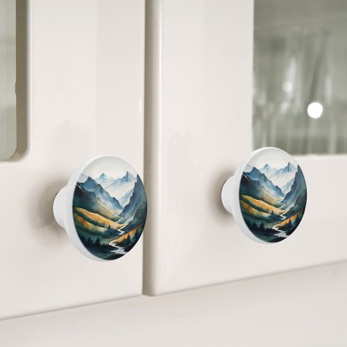 Blue Tan Mountain Scene Ceramic Knob