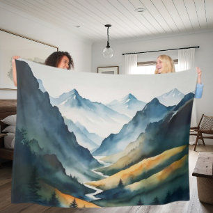 Blue Tan Mountain Scene Fleece Blanket
