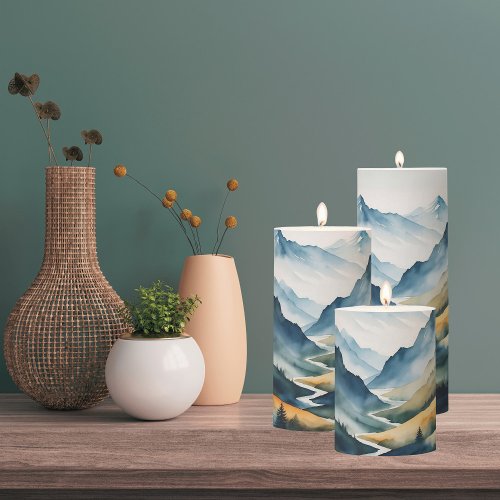 Blue Tan Mountain Scene Pillar Candle