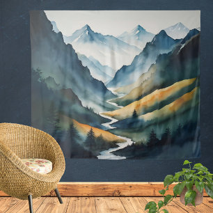 Blue Tan Mountain Scene Tapestry