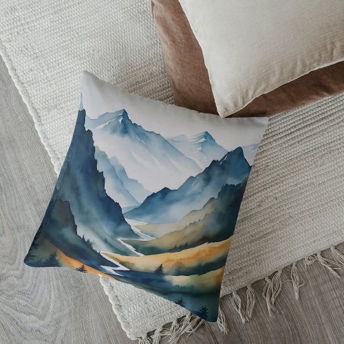 Blue Tan Mountain Scene Throw Pillow