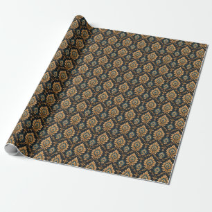 Blue & Tan Peacock Feather Motifs on Black Wrapping Paper