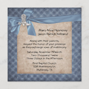 Blue & Tan Rustic Western Theme Wedding Invitation