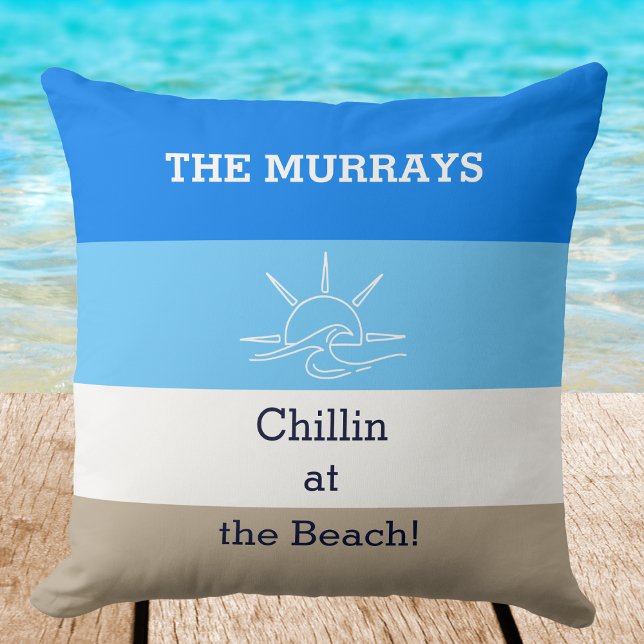 Blue Tan Stripes Family Name Beach House Throw Pillow (Creator Uploaded)