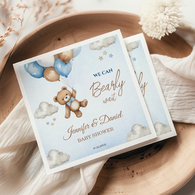 Blue Tan Teddy Bear Balloons Baby Shower Napkins (Creator Uploaded)