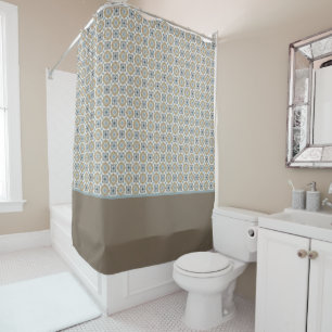 Blue, Tan, White & Brown Circles Squares Pattern Shower Curtain