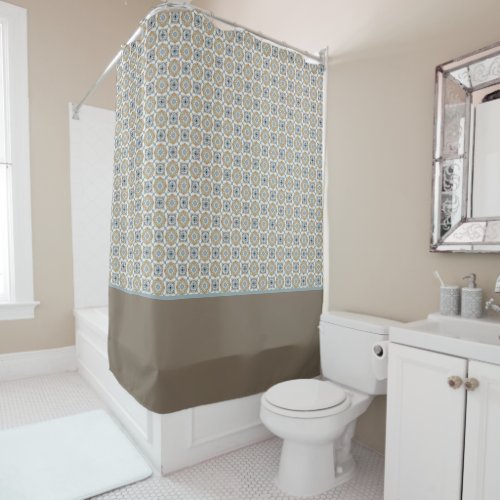 Blue Tan White  Brown Circles Squares Pattern Shower Curtain