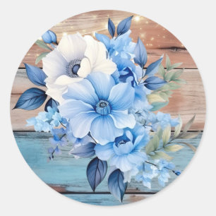 Blue Tan Wood Lights Floral Wedding Classic Round Sticker