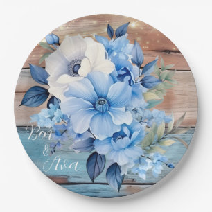 Blue Tan Wood Lights Floral Wedding Paper Plates