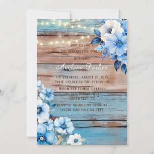 Blue Tan Wood Lights Florals Bachelorette Party Invitation
