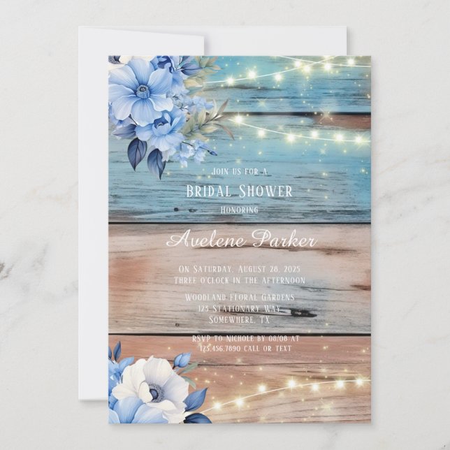 Blue Tan Wood Lights Florals Bridal Shower Invitation (Front)