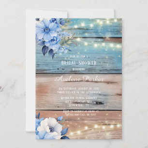 Blue Tan Wood Lights Florals Bridal Shower Invitation