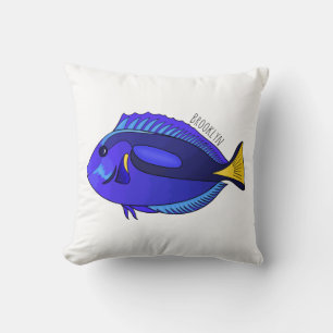 Blue tang fish cartoon illustration throw pillow
