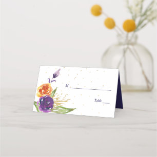 Blue Tangerine Floral Wedding Place Card