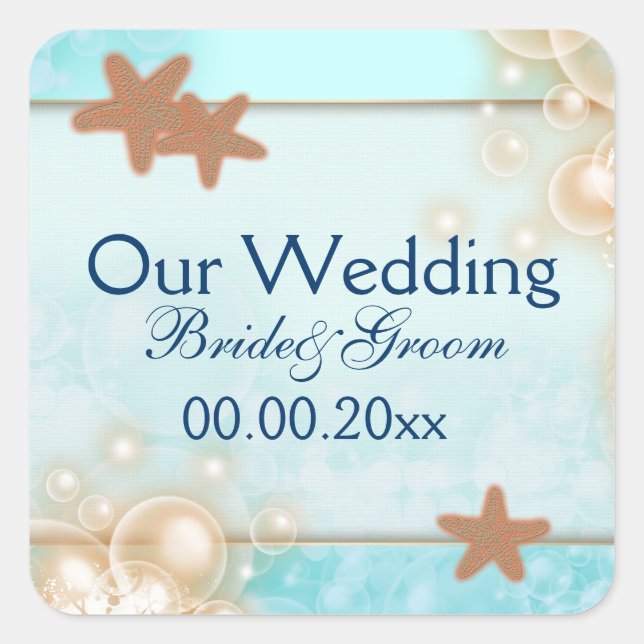 Blue tangerine wedding engagement favors square sticker (Front)