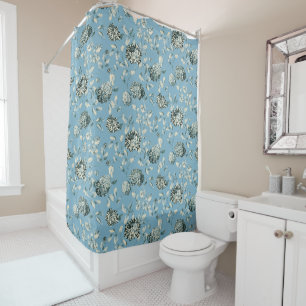 Blue Tansy Blue Modern Vintage Floral Toile Shower Curtain