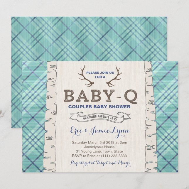 Blue Tartan Couples Baby Shower for Boy Invitation (Front/Back)