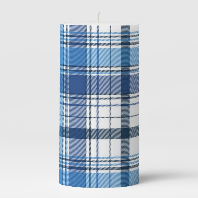 Blue Tartan Plaid Bathroom Decor Pillar Candle (Front)