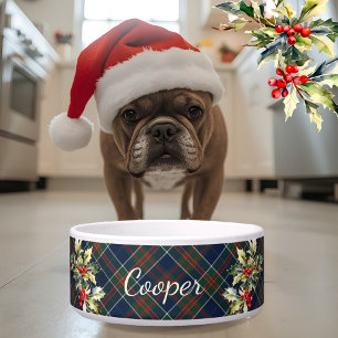 Blue tartan Plaid Christmas Holly Name dog  Bowl