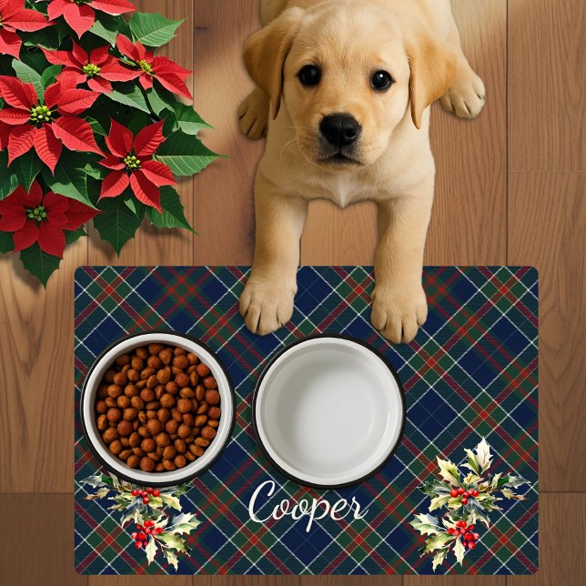 Blue tartan Plaid Christmas Holly Name dog  Placemat (Creator Uploaded)