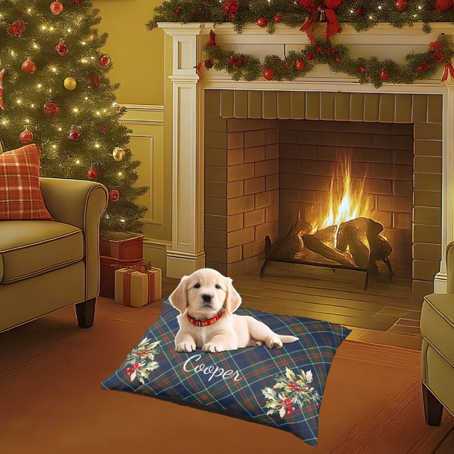 Blue Tartan Plaid Christmas Holly Name Pet Bed (Creator Uploaded)