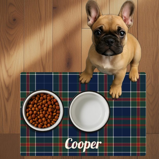 Blue Tartan Plaid Christmas Personalized Name Dog  Placemat (Creator Uploaded)