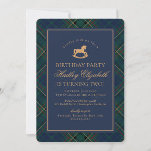 Blue Tartan Plaid Classic Rocking Horse Birthday Invitation