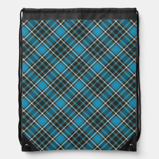 Blue Tartan Plaid Drawstring Backpack (Front)