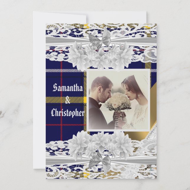 Blue tartan plaid lace wedding photo invitation (Back)