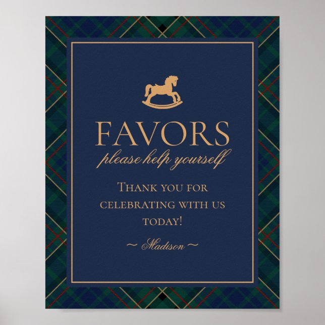 Blue Tartan Plaid Rocking Horse Favors Sign (Front)