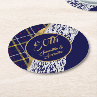 Blue tartan wedding round paper coaster