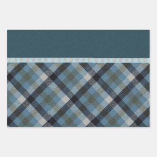 Blue Tartan Wrapping Paper Flat Sheet Set of 3