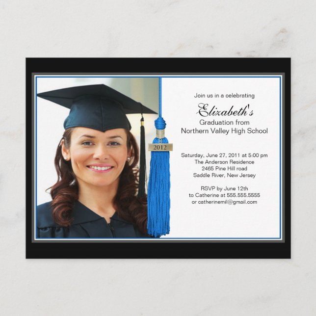 Blue Tassel Photo Graduation Party Invitation Postcard (Front)