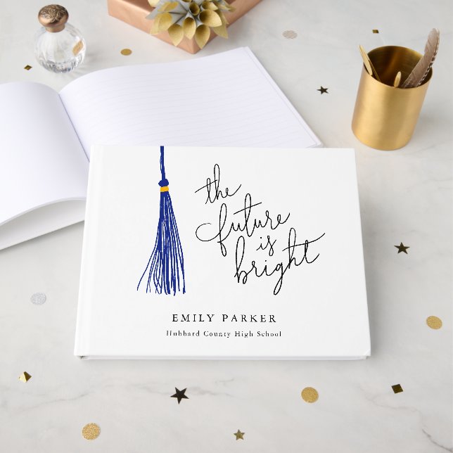 Blue Tassel The Future Is Bright Graduation Guest Book (Front Open)